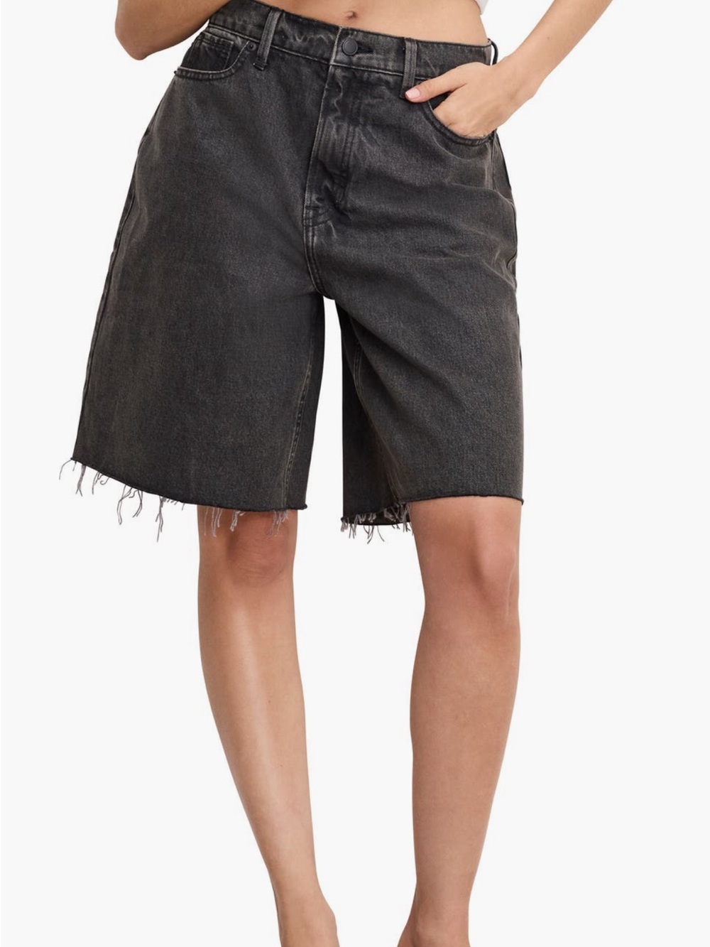 Good American Size 14 Raw Hem Barrel Denim Shorts